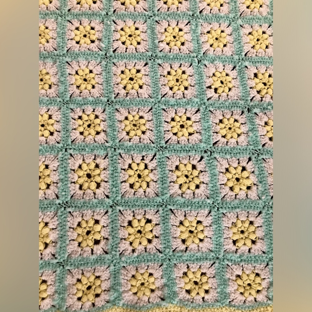 Hand Crocheted Baby Blanket, Yellow/Mint Green, Some Flaws, Approx 36”X37”